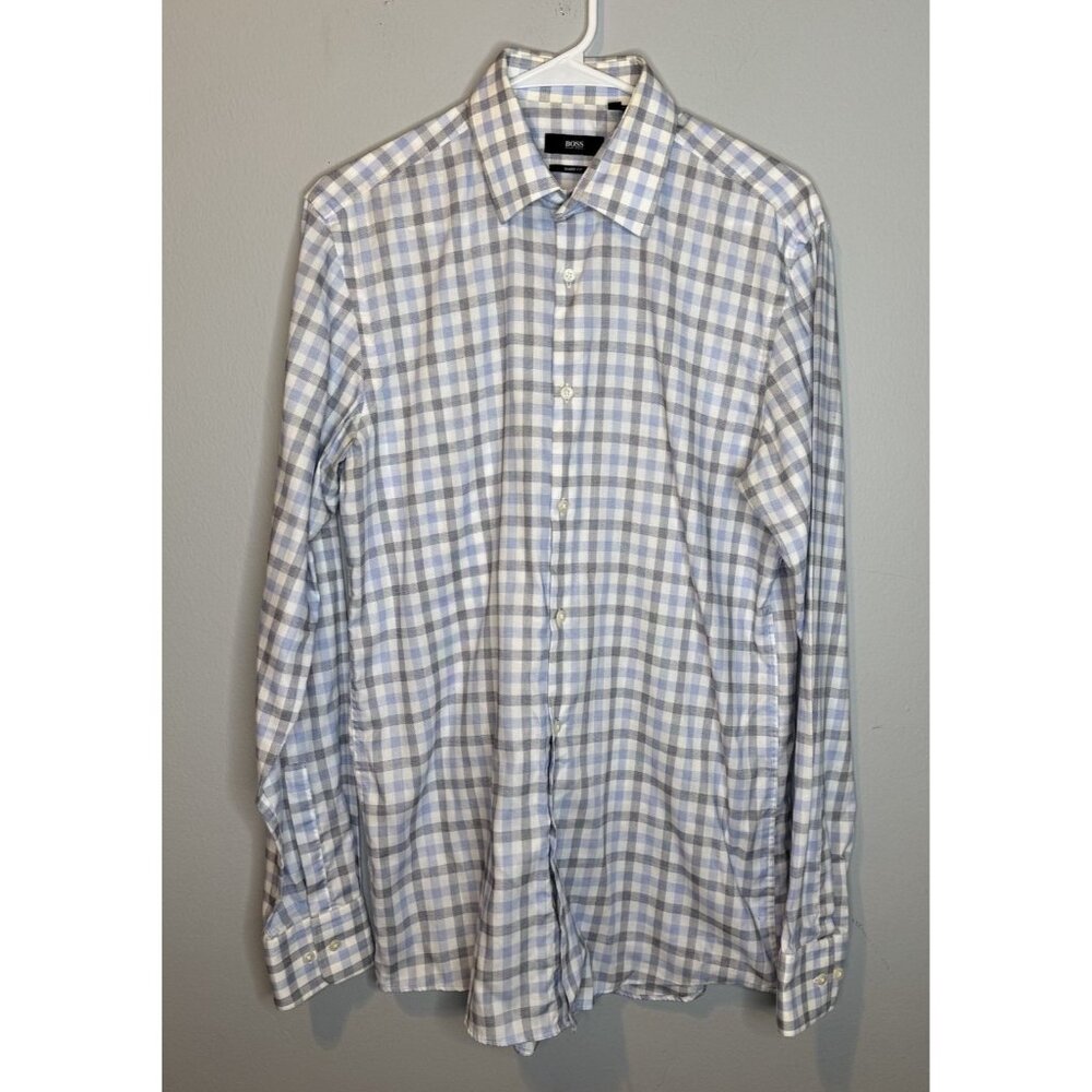 Hugo Boss Dress Shirt 15.5 34/35 Sharp Fit Blue Grey Long Sleeve Checkered
